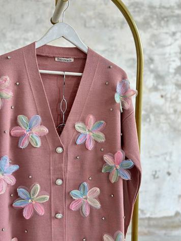 Tasarım Organze Çiçek Detaylı Kristal Taş İşçilikli Hırka (Pudra)