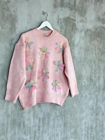 Tasarım Organze Çiçekli Örgü Kazak (Pembe)