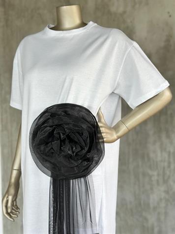 Tasarım Oversize Organze Çiçekli Tül Salkımlı Elbise (Beyaz)