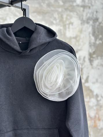 Taş Yıkamalı Organze Güllü Kapüşonlu Sweat (Antrasit)