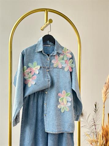 Tasarım Organze Kumaş Çiçek Desenli Denim Takım (Buz Mavisi)