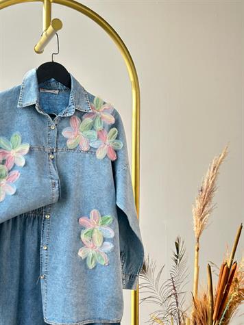 Tasarım Organze Kumaş Çiçek Desenli Denim Takım (Buz Mavisi)
