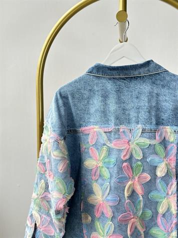 Tasarım Organze Kumaş Çiçek Desenli Denim Ceket (Mavi)