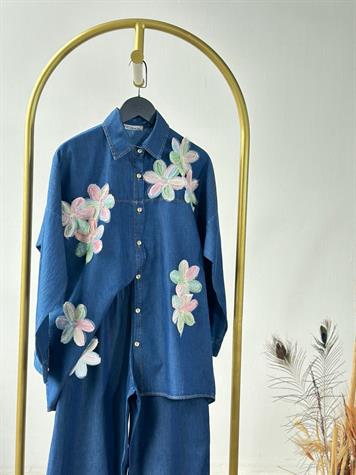 Tasarım Organze Kumaş Çiçek Desenli Denim Takım (Mavi)