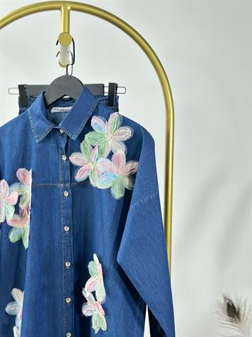 Tasarım Organze Kumaş Çiçek Desenli Denim Takım (Mavi)