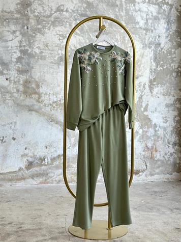 Tasarım Organze Kumaş Çiçekli Kristal Taş İşçilikli Takım (Mint)