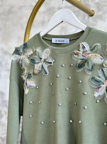Tasarım Organze Kumaş Çiçekli Kristal Taş İşçilikli Takım (Mint)