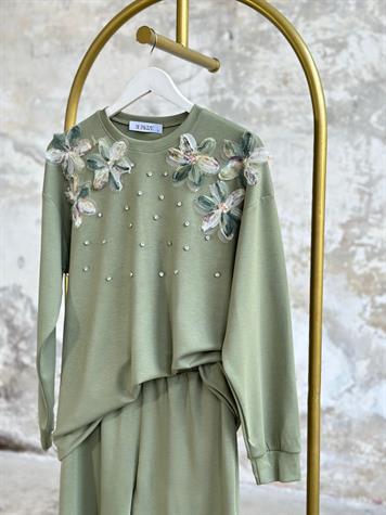 Tasarım Organze Kumaş Çiçekli Kristal Taş İşçilikli Takım (Mint)