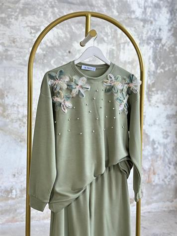Tasarım Organze Kumaş Çiçekli Kristal Taş İşçilikli Takım (Mint)