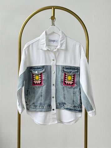 Tasarım Örme Cep Detaylı Denim Ceket (Beyaz)