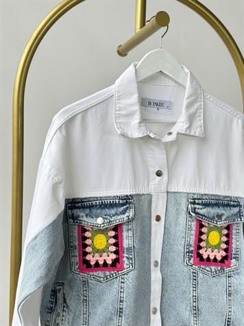 Tasarım Örme Cep Detaylı Denim Ceket (Beyaz)