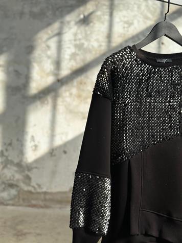Peluş Üzeri Pul Payet İşlemeli Sweat (Siyah)