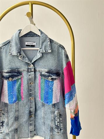 Tasarım Pul Payet İşlemeli Denim Ceket (Mavi)