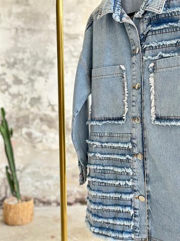 Tasarım Püskül İp Dikişli Denim Ceket (Buz Mavisi)