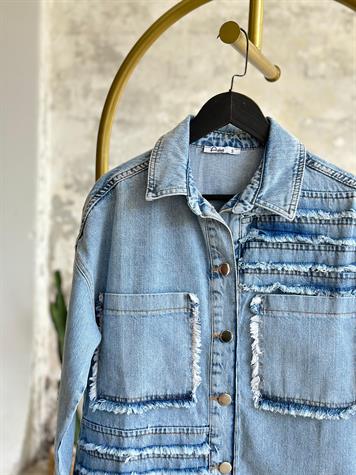 Tasarım Püskül İp Dikişli Denim Ceket (Buz Mavisi)