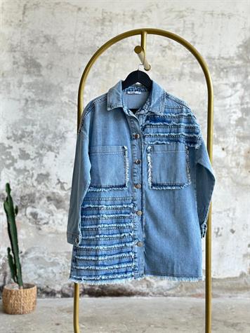 Tasarım Püskül İp Dikişli Denim Ceket (Buz Mavisi)