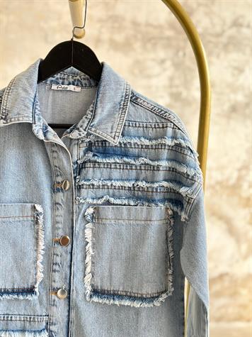Tasarım Püskül İp Dikişli Denim Ceket (Buz Mavisi)