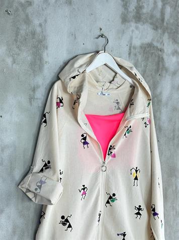 Tasarım Safinaz Baskılı Fermuarlı Keten Ceket (Taş)