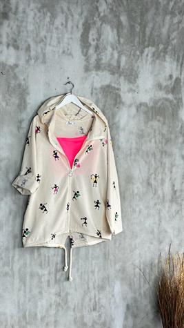 Tasarım Safinaz Baskılı Fermuarlı Keten Ceket (Taş)