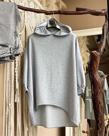 Tasarım Salaş Kapşonu fermuar Detaylı Sweatshirt (GRİ)