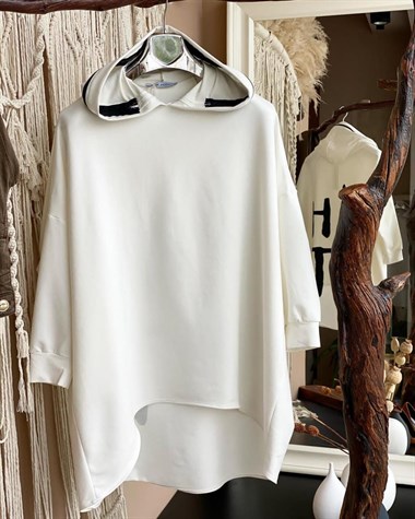 Tasarım Salaş Kapşonu fermuar Detaylı Sweatshirt (EKRU)