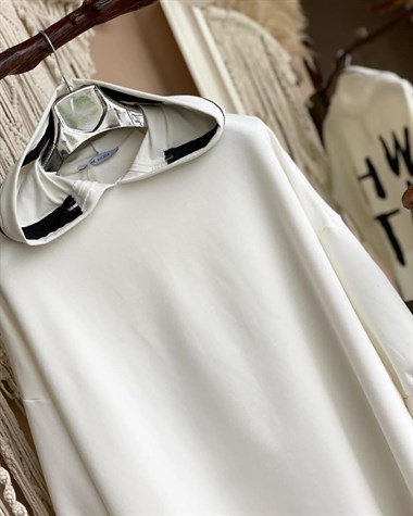 Tasarım Salaş Kapşonu fermuar Detaylı Sweatshirt (EKRU)