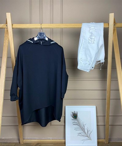 Tasarım Salaş Kapşonu fermuar Detaylı Sweatshirt (SİYAH)