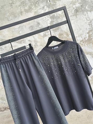 Tasarım Serpme Kristal Taş İşçilikli Pantolon (Füme)