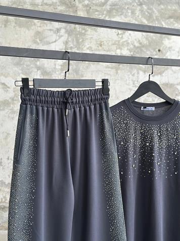Tasarım Serpme Kristal Taş İşçilikli Pantolon (Füme)