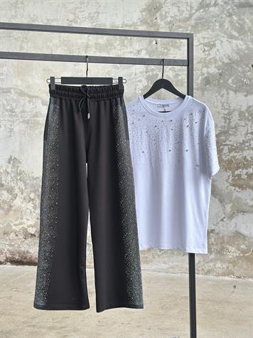Tasarım Serpme Kristal Taş İşçilikli Pantolon (Siyah)