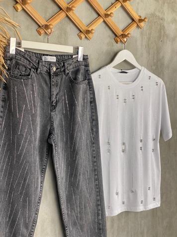 Tasarım Sıralı Taş İşlemeli Mom Jean (Antrasit)