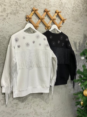 Tasarım Taş İşçilikli Püsküllü Sweat (Beyaz)