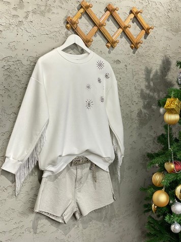 Tasarım Taş İşçilikli Püsküllü Sweat (Beyaz)