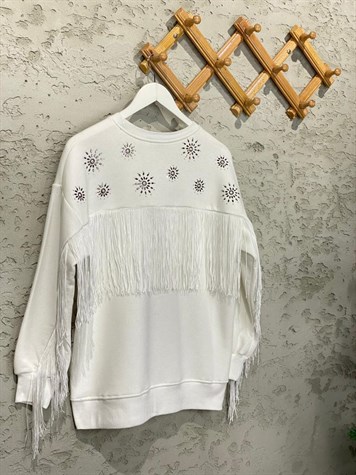Tasarım Taş İşçilikli Püsküllü Sweat (Beyaz)