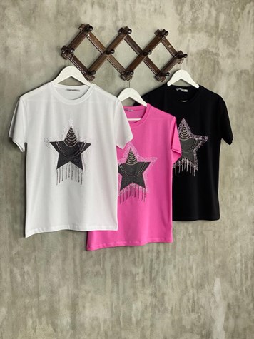 Tasarım Taş İşçilikli Yıldız Desen Tişört (Pembe)