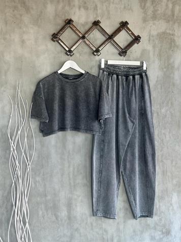 Tasarım Taş Yıkamalı Şalvar Model Pantolon Ve Crop Tişörtlü Takım (Koyu Gri Melanj)