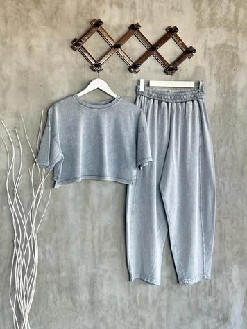 Tasarım Taş Yıkamalı Şalvar Model Pantolon Ve Crop Tişörtlü Takım (Açık Gri Melanj))