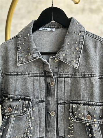 Tasarım Taşlı Kuşaklı Denim Ceket (Siyah)