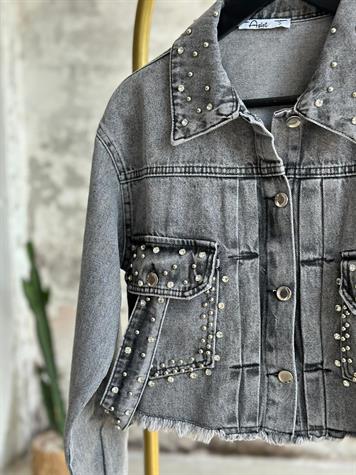 Tasarım Taşlı Kuşaklı Denim Ceket (Siyah)