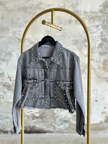 Tasarım Taşlı Kuşaklı Denim Ceket (Siyah)