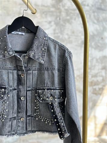 Tasarım Taşlı Kuşaklı Denim Ceket (Siyah)