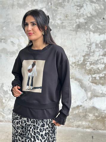 Tasarım Tişört Detaylı Kadın Baskılı Sweat (Siyah)