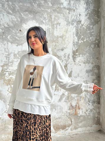 Tasarım Tişört Detaylı Kadın Baskılı Sweat (Beyaz)
