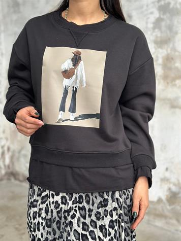 Tasarım Tişört Detaylı Kadın Baskılı Sweat (Siyah)