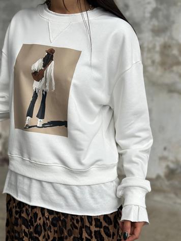 Tasarım Tişört Detaylı Kadın Baskılı Sweat (Beyaz)