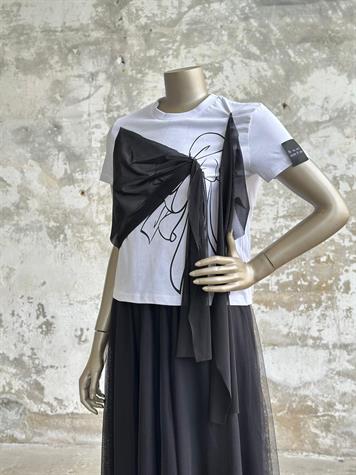 Tasarım Tül Ekleme Detaylı Tişört (Beyaz)