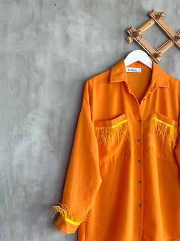 Tasarım Tüy Detaylı Keten Takım (Oranj)