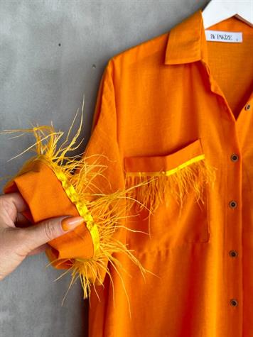 Tasarım Tüy Detaylı Keten Takım (Oranj)