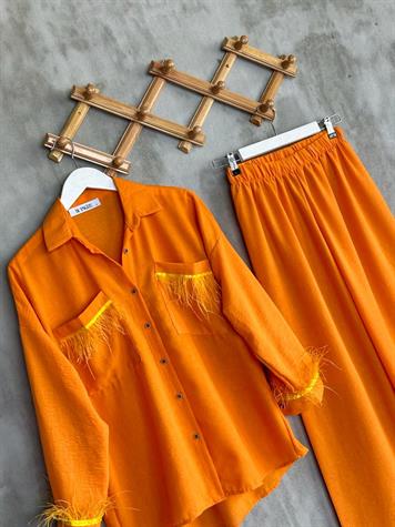 Tasarım Tüy Detaylı Keten Takım (Oranj)