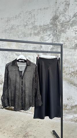 Tasarım Varaklı Verev Tül Etek (Siyah)